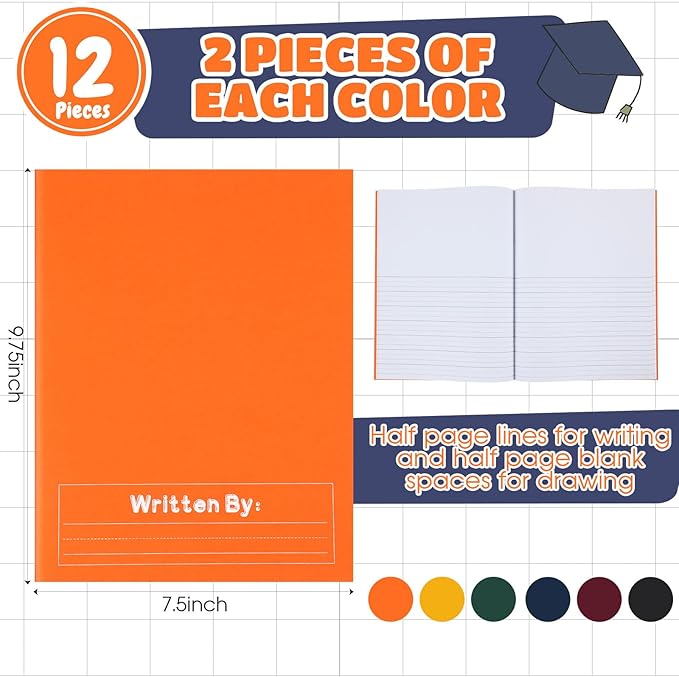Henoyso 12 Pcs Primary Composition Notebook K-2 9 3/4 x 7 1/2 Inch Primary Journal, Back to School Supplies, Bulk Blank Writing Book for Kid to Write Draw Journal 60 Page Notebooks (Dark Color)-DeskLoop Office
