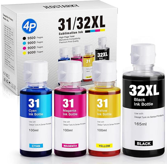 Jeoskarky Compatible for HP 31xl Color HP 32xl Black Ink Bottle for HP Smart Tank 7602 6001 5101 7301 6000 5102 5000 5103 7002 7001 7302 Series for Smart Tank Plus 651 551 Printers (4 Bottles)-DeskLoop Office