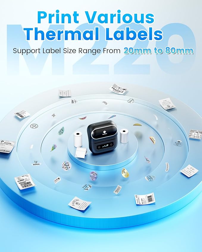 Phomemo Label Maker, M220 Thermal Label Printer, 80mm Portable Bluetooth Barcode Printer Compatible with Andriod/iOS for Home, Office, Small Business, with 3 Packs Label & Case-DeskLoop Office