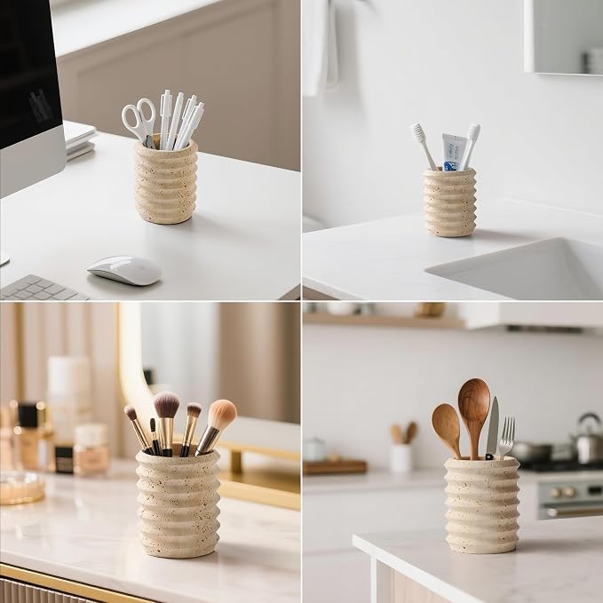 Pen Holder Stand for Desk, Natural Travertine Stone Makeup Brush Holders - Image 4