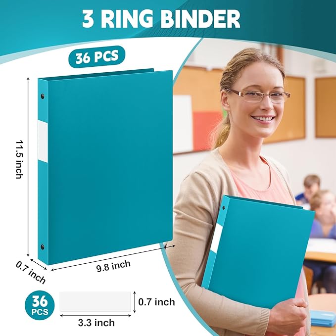 Henoyso 36 Pcs 3 Ring Binder 1/2'' Round Fits Letter Size 8. 5'' x 11'' Paper Plastic Flexible Binder Holds 100 Sheets with 1 Pockets Versatile Organizer for Office Home School (Turquoise)-DeskLoop Office