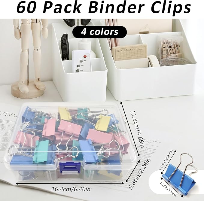 60 Pack Binder Clips Medium, 1.25 Inch/32mm Colored Binder Paper Clips - Image 2
