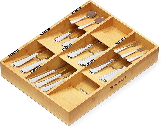 SpaceAid Bamboo Silverware Drawer Organizer (Need 3" Deep Drawer), Kitchen Utensil Tray Holder Organizer for Flatware, Cutlery, Spoon and Knives Storage Organization (9 Slots)-DeskLoop Office