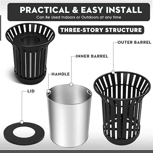 25.2IN Large Round Large Outdoor Trash Can, Heavy Duty Metal Slatted Garbage Can Outdoor, All Weather Resistant Commercial Garbage Cans, Waste Receptacle in Park, School, Beach, Patio Black-DeskLoop Office
