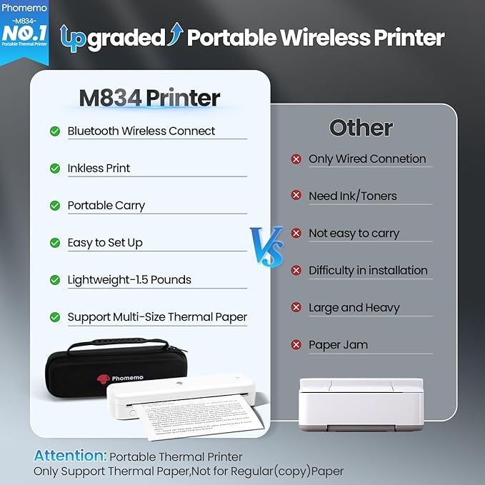 Phomemo Portable Printers Wireless for Travel [Upgraded],M834 Bluetooth Thermal Printer 8.5" x 11"& A4 Size,Inkless Mobile Printer with Carry Case for Travel,Office,School,Car,Home,White-DeskLoop Office