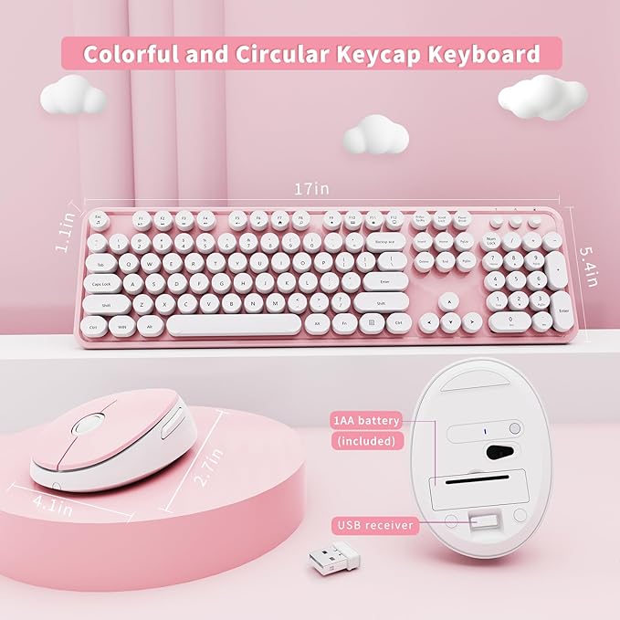 Wireless Keyboard and Mouse Combo, Ergonomic Full Size Typewriter Retro Round Keycaps Keyboard, Compatible with Windows, PC, Perfer for Home and Office Keyboards (Lovely Pink)-DeskLoop Office