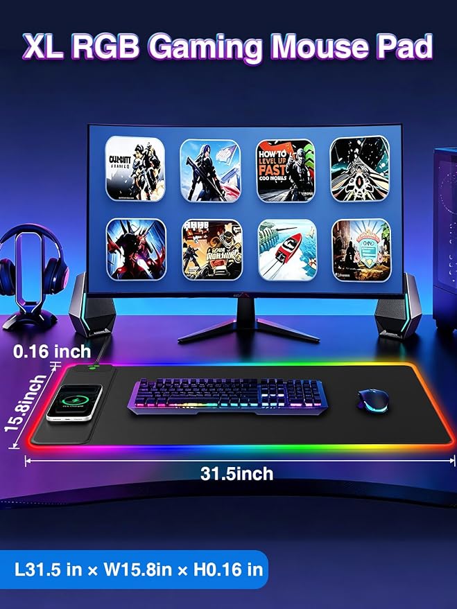 XXL RGB Gaming Mouse Pad with 15W Magnetic Wireless Charging, 31.5'' x 15.8'' - Image 3