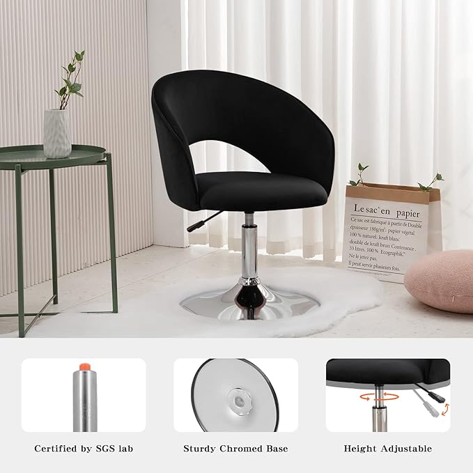 Furnimart Adjustable Black Vanity Chair with Back, Velvet Makeup Chair Swivel Accent Chair with Chrome Frame Hollow Backrest, Side Chair for Living Room, Makeup Room, Bedroom (Black)-DeskLoop Office
