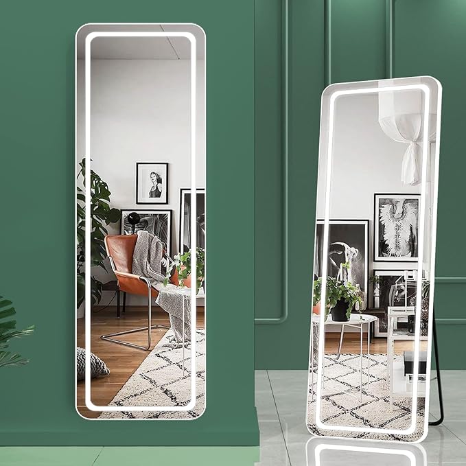 Hasipu Full Length Mirror with Lights, 56" x 16" LED Floor Mirror, Full Body Dressing Standing, Hanging Mounted Mirror for Living Room Bedroom Cloakroom, Round White-DeskLoop Office