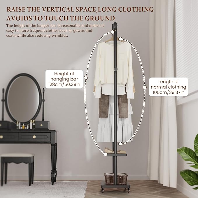 Coat Rack Freestanding Clothing Rack with Wheels & 2 Shelves Storage & 5 Hooks Heavy Duty Clothes Rack Wood Coat Tree Stand Hat Hanger Rack for Corner Bedroom Entryway Living Room Hotel-DeskLoop Office