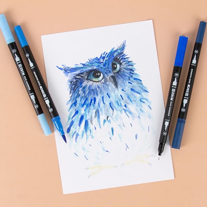 ZSCM Blue Duo Tip Marker Pens, 12 Pack Fine & Brush Markers - Image 4
