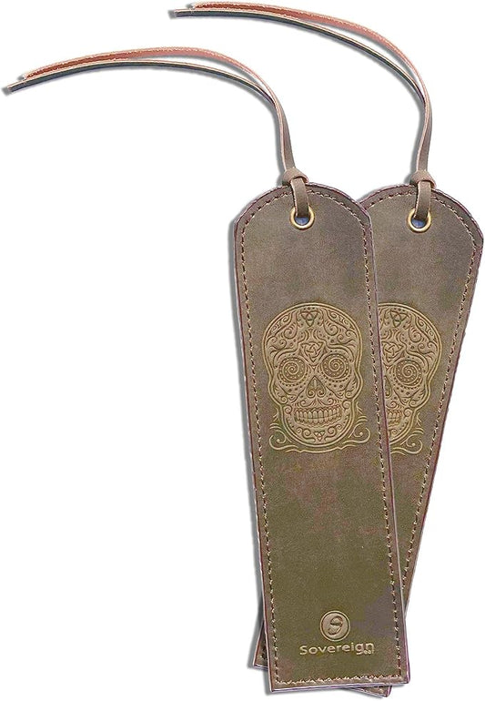 Leather Bookmark Handmade with Sugar Skull Heart Design - 2 Genuine Leather Book Marks for Reading - Unique Bookmarks for Men Women Girls | Gothic Book Lover Gifts for Bookworms Relatives and Friends
