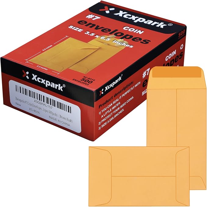 Xxcxpark 500 PCS #7 Coin Envelopes, 3.5 x 6.5 inches Brown Kraft Envelopes by Xxcxpark