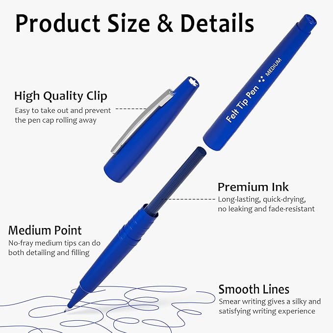 Lelix Felt Tip Pens, 30 Blue Pack, 0.7mm Medium Point, Felt Tip Markers Pens for Journaling, Writing, Note Taking, Planner, Perfect for School Office and Art Supplies-DeskLoop Office