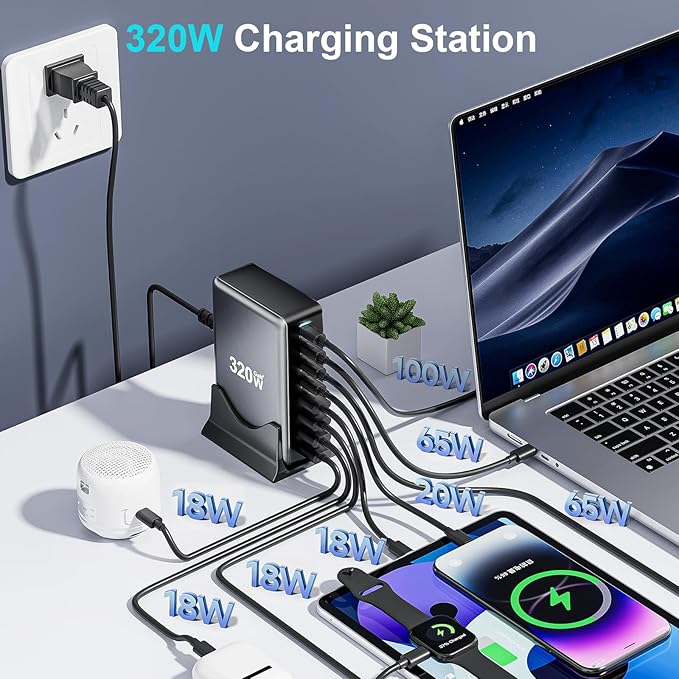 320W USB C Fast Charger Block, 8 Port USB Charging Station, GaN Ⅲ Pro 100W PD PPS Port Fast Charging Station Hub, Laptop Wall Charger Compatible with MacBook/iPhone 16/iPad/Galaxy S23/22 etc-DeskLoop Office