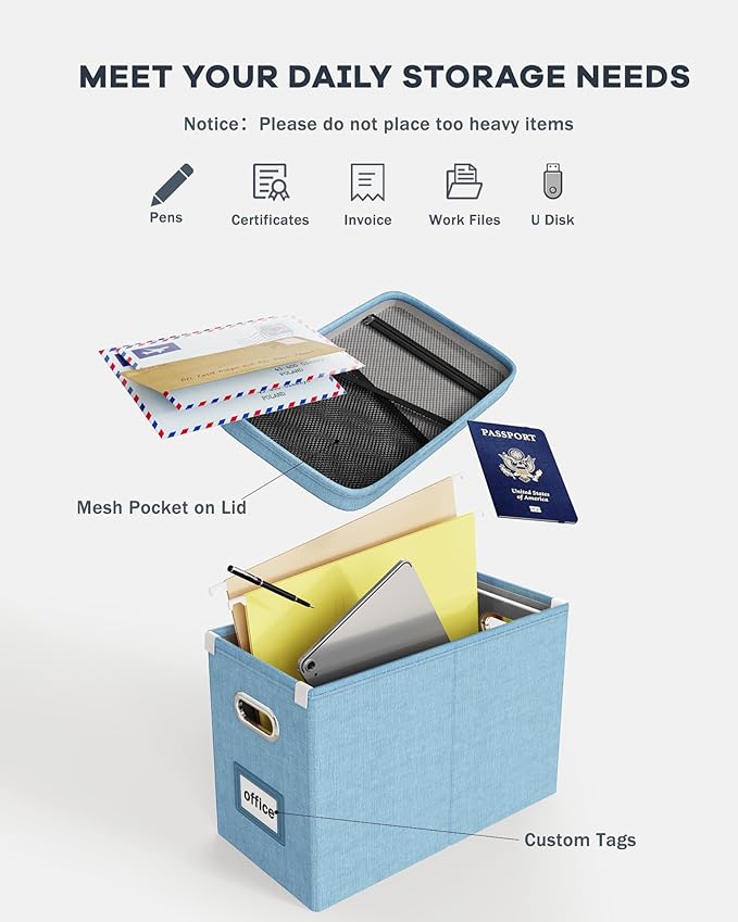 Oterri File Organizer Box with Lid, Hanging Filing File Box with Mesh Pocket, Document Organizer Box for Letter Files, Portable Storage Box with Smooth Sliding Rail for Office&Home (2 PCS, Sky-blue)-DeskLoop Office