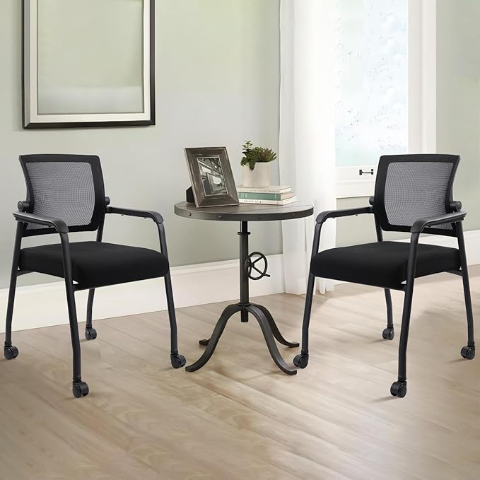 Waiting Room Chairs with Wheels, Adjustable Mesh Backrest, Desk Chair with Ergonomic Lumbar Support and Thickened Seats Cushion, 2 Pack Black-DeskLoop Office