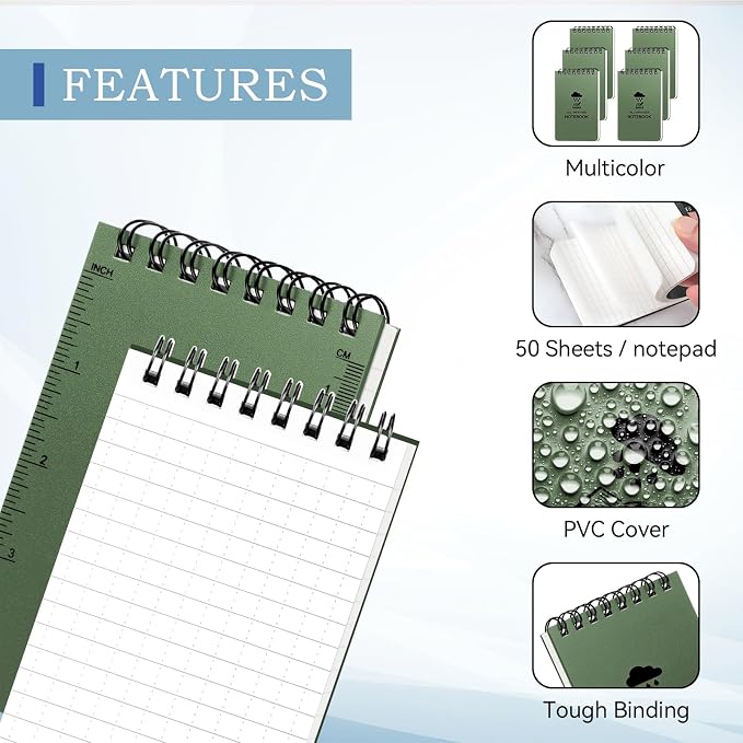 6 Pack Waterproof Notebook, 3 x 5 Pocket Notepad, Top-Spiral Weatherproof - Image 4