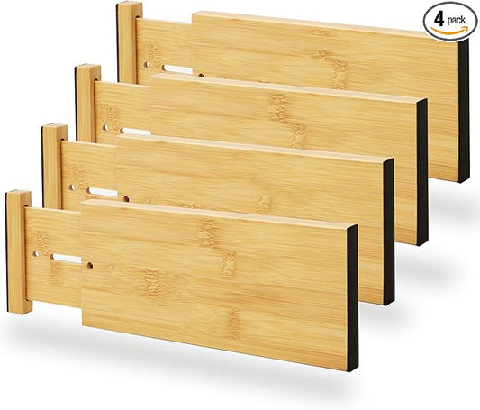 BAMEOS 4" High Bamboo Drawer Dividers - Adjustable Small Drawer Organizer - Kitchen, Dresser, Bathroom, Bedroom & Office - 4-pack-DeskLoop Office