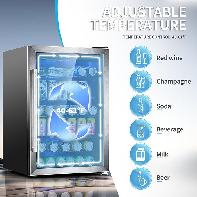 Antarctic Star Beverage Refrigerator,145 Can Mini Fridge,Freestanding wine cooler for Soda Beer or Wine,Glass Door, Small Drink Dispenser Machine, Touch Screen for Home Office or Bar, 4.5 cu.ft-DeskLoop Office