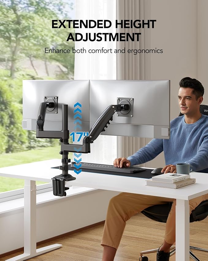 HUANUO 17-32 Inch Dual Monitor Stand, Gas Spring Dual Monitor Mount, Monitor Stand 2 Monitors, Ergonomic Adjustable Tilt/Swivel/Rotate, Weight Max 19.8 lbs, VESA 75/100mm-DeskLoop Office