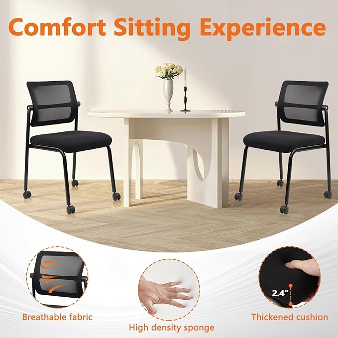 CLATINA Stacking Chairs 8 PK, Adjustable Backrest Stackable Mesh Office Waiting Room Armless Chair with Wheels for Guest Reception Conference Lobby Side School, Black-DeskLoop Office