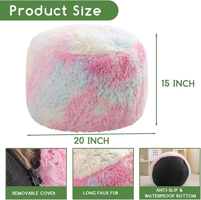HIGOGOGO Round Stuffed Pouf Ottoman, Long Faux Fur Poufs with Foam Chunk Filling, Fluffy and Furry Pouf Foot Stool Storage Ottoman, 20 X 15 Floor Poufs Foot Rest for Living Room, Rainbow-DeskLoop Office