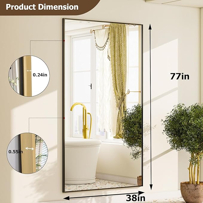 GLSLAND-38 x 77" Rectangular Full Length Mirror - Large Floor Mirrors Aluminum Alloy Frame Full Body Dressing Mirror for Bedroom, Living Room,Black-DeskLoop Office