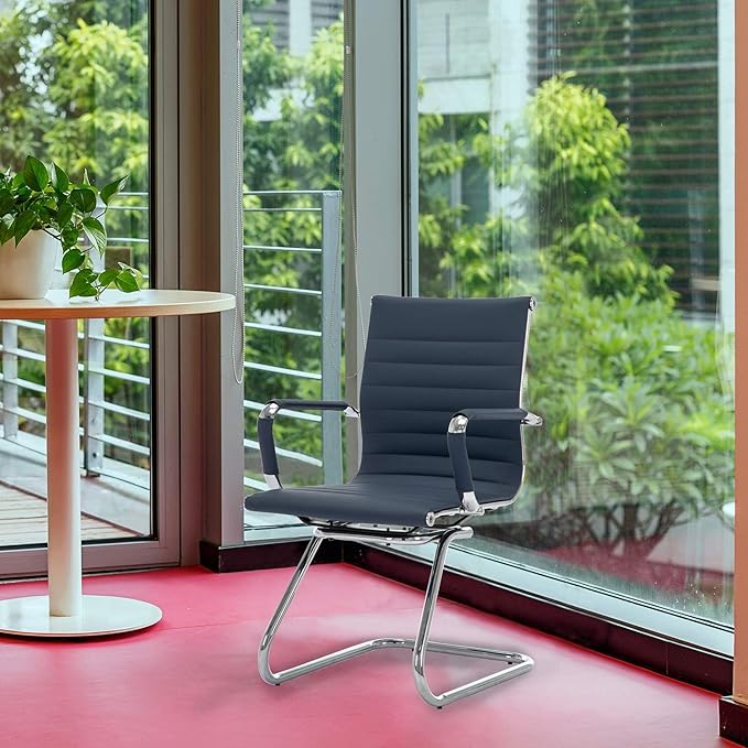 Office Desk Chair Set of 8,No Wheels PU Leather Computer Chairs Mid Back Guest Chairs with Seld Base for School/Reception/Conference/Waiting Room,Navy Blue-DeskLoop Office