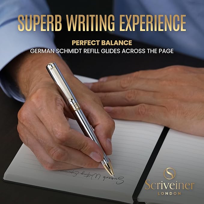 Scriveiner Personalized Silver Chrome Ballpoint Pen - Stunning Luxury Pen, Real Gold Plating, Schmidt Ink Refill, Best Engraved Ball Point Gift Set for Men & Women, Custom Name Engraving-DeskLoop Office