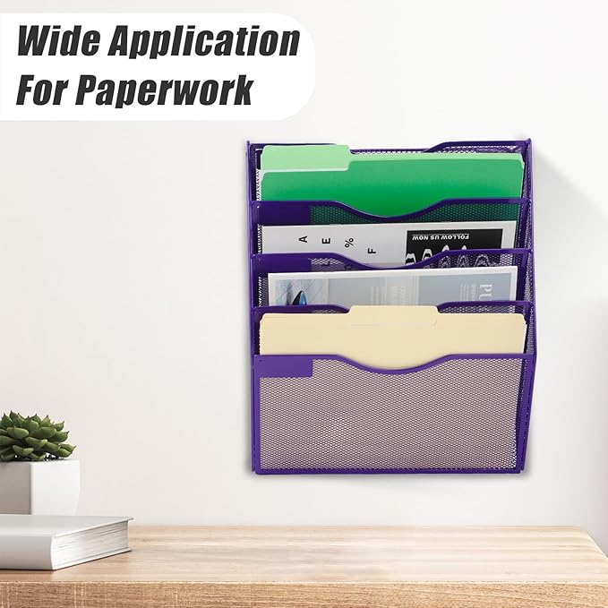 EASEPRES 5 Pocket Mesh Hanging Wall File Organizer, Wall Mounted Mail Paper Document Folder Holder, Clipboard Storage Organization Magazine Rack with Nametag Label for Office Home School, Purple-DeskLoop Office