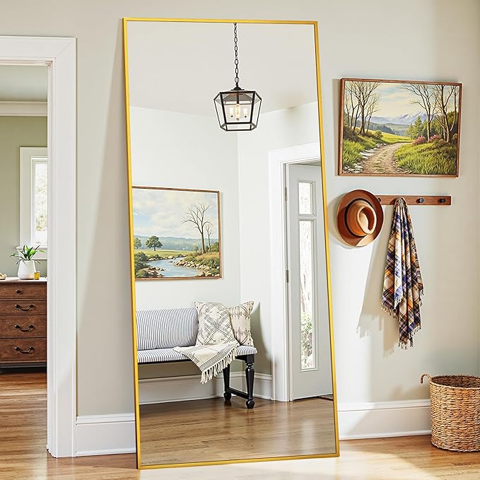 Full Length Mirror, 71"x32" Oversized Floor Mirror Freestanding, Full Body Mirror Floor Standing Mirrors with Stand, Hanging Mounted Mirrors for Bedroom Living Room, Gold, Rect Style-DeskLoop Office