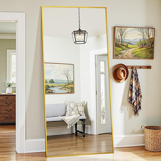 Full Length Mirror, 71"x32" Oversized Floor Mirror Freestanding, Full Body Mirror Floor Standing Mirrors with Stand, Hanging Mounted Mirrors for Bedroom Living Room, Gold, Rect Style-DeskLoop Office