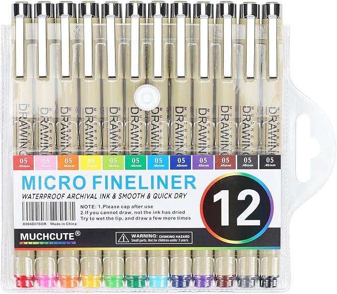 Muchcute 05 Micro Fineliner Drawing Art Pens: 12 Colors 0.45mm Extra Fine Point - Image 7