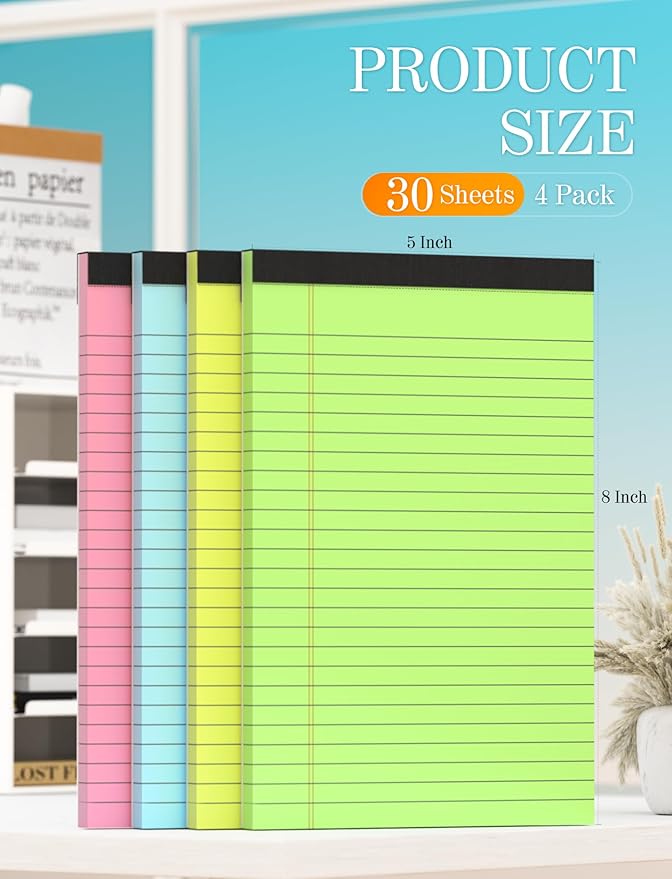 Colored Legal Pads 5x8, 4 Pack, Lined Note Pads 5x8 College Ruled, Note Paper 5x8, Pink Notebook Paper 5x8 Colored Notepads, Pink Legal Pads 5x8 Lined Paper, 80 GSM Pastel Pads of Paper, 30 Sheets/Pad-DeskLoop Office