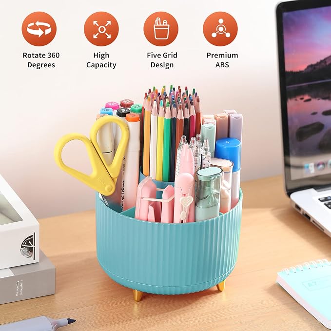 Desk Pencil Pen Holder, 5 Slots 360°Degree Rotating Organizers for, Desktop - Image 2