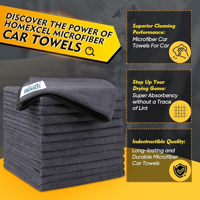 HOMEXCEL Microfiber Cleaning Cloths 12 Pack, Premium 16 x 16 inch Microfiber Towel for Cars, Ultra Absorbent Car Washing Cloth, Lint Free Streak Free Wash Cloths for Car, Kitchen, and Window, Grey-DeskLoop Office
