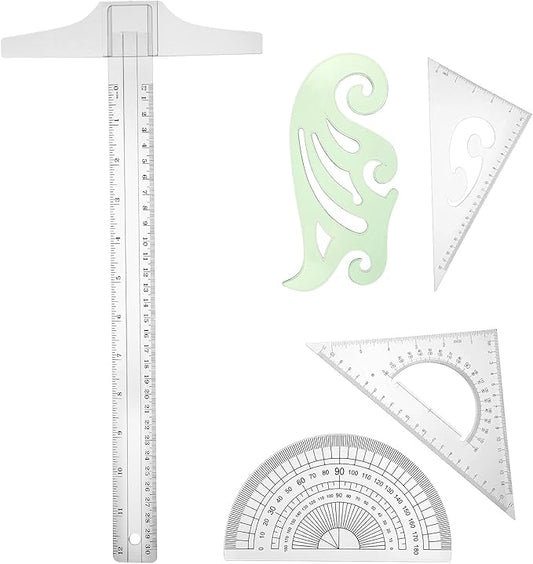 Frienda 5 Pieces Drafting Tools 12 Inch T-Square Ruler Plastic Transparent Drawing Ruler 180 Degree Protractor, 2 Triangles and a French Curve for Students and Engineering Drawing-DeskLoop Office