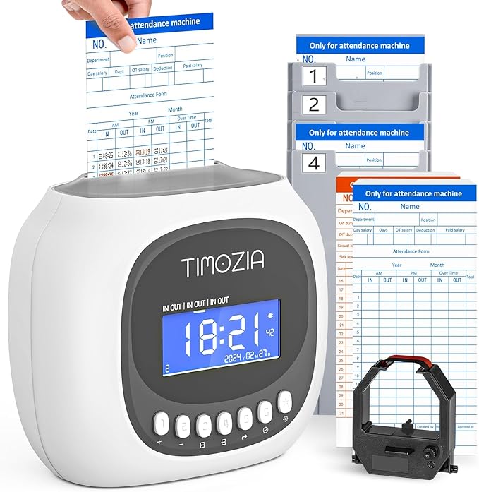 Time Clock with Passcode, Auto-Align Time Card Machine, 6 Punches per Day Time Clock Punch Machine with 100 Time Cards, 2 Ink Ribbons and 4 Racks(White, Military Time)-DeskLoop Office