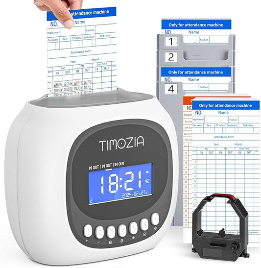 Time Clock with Passcode, Auto-Align Time Card Machine, 6 Punches per Day Time Clock Punch Machine with 100 Time Cards, 2 Ink Ribbons and 4 Racks(White, Military Time)-DeskLoop Office