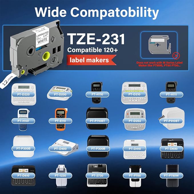 TZE-231 Label Maker Tape 12mm 0.47 Laminated Black on White Replacement - Image 2