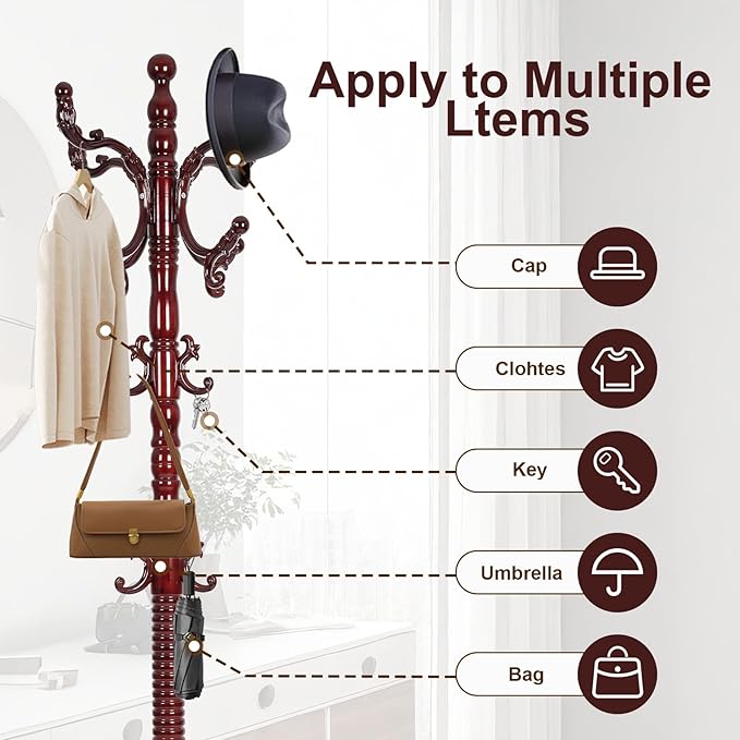 Solid Wood Coat Rack – 73" Freestanding Coat Racks Stand with 14 Hooks & Stable Round Base, Adjustable Height Modern Wooden Hall Tree for Entryway, Bedroom, Office, Home (Mahogany Round)-DeskLoop Office