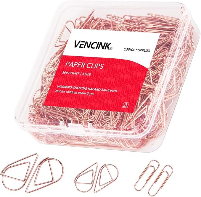 VENCINK 300 Pcs Cute Rose Gold Teardrop Paper Clips Assorted Sizes | Stainless by VENCINK