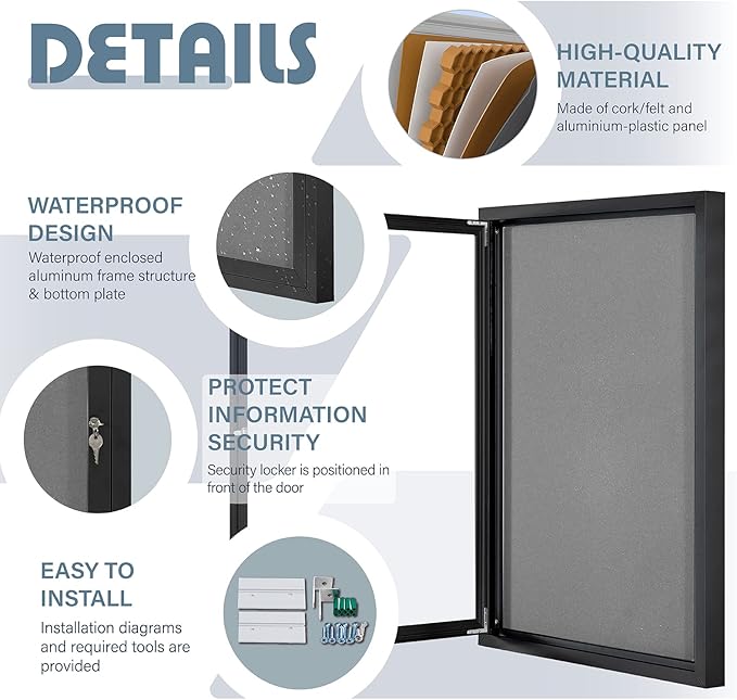 Enclosed Bulletin Board Outdoor Noticeboard with Locking Door, Weather-Resistant, Grey Felt, Black Aluminum Frame, 36 x 24 in-DeskLoop Office
