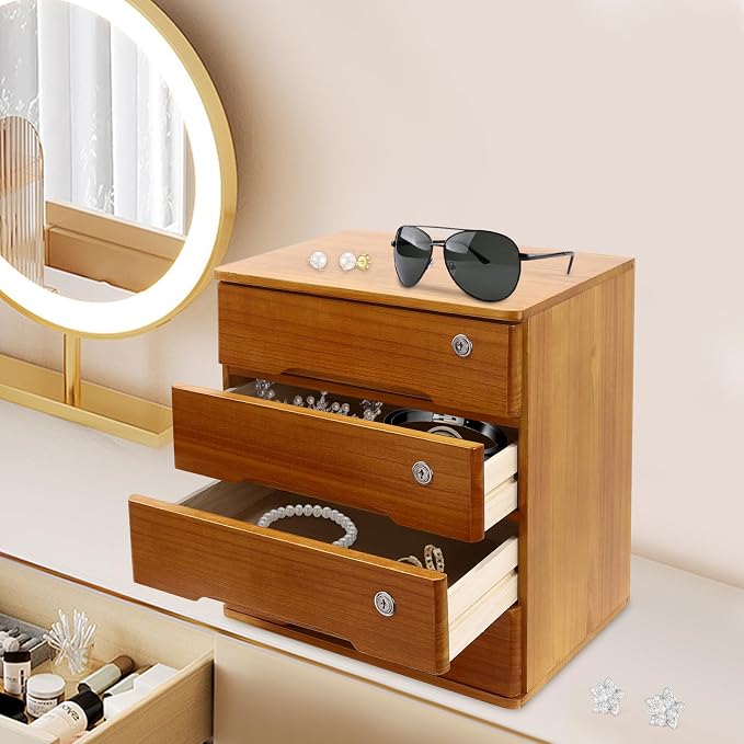 Lockable Desk Organizer Wooden Desktop Drawers Office Flat Files Storage Box - Image 2