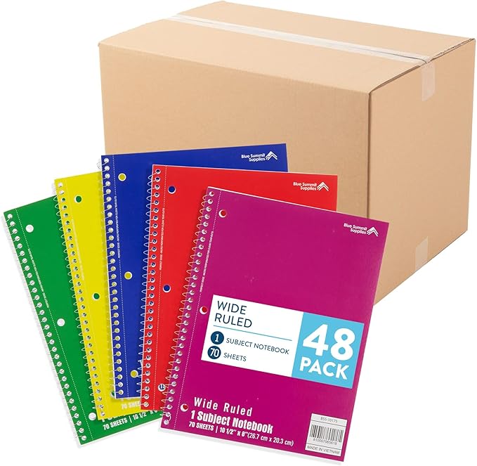 Blue Summit Wide Ruled Spiral Notebooks Bulk, 1 Subject Spiral Notebook Wide Ruled, Paper School Bulk Notebooks, 48 Pack-DeskLoop Office