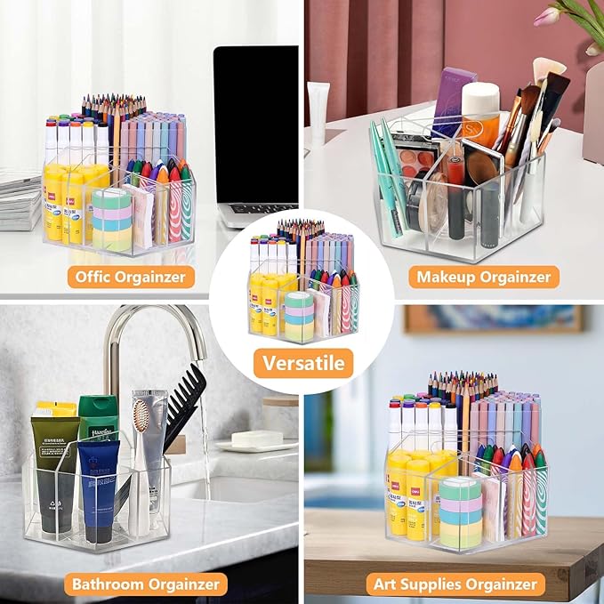 Pen Holder for Desk Acrylic, Large 6 Slots 360-Degree Rotating Marker Organizer Pencil Holder, Caddy Art Supply Organizer Crayon Organizers for Office School-DeskLoop Office