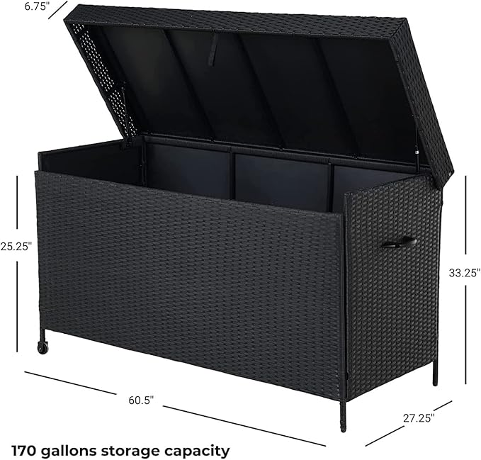 Grand patio 170 Gallon Deck Storage Box Deck Box Outdoor Storage Box Indoor Wicker Storage Bin Patio Storage Box for Patio Furniture Cushions Garden Tools Pool Accessories, Black-DeskLoop Office