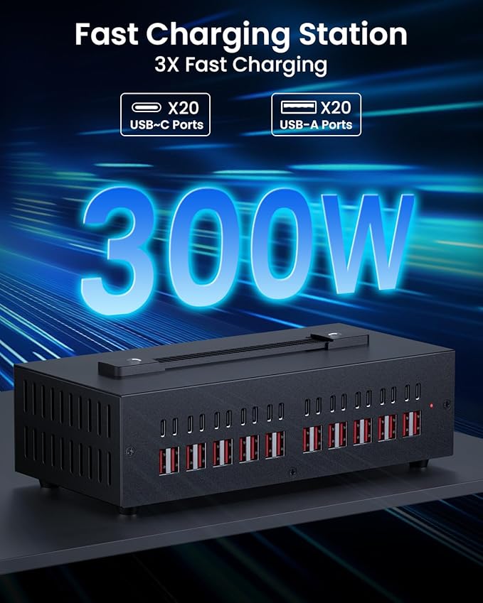 300W USB~c Charging Station, 40 Port (20 USB A & 20 USB~C Port) USB Charger Block, Fast Charging Station for Multiple Devices, Desktop Charger Compatible for iPhone, iPad, Tablets-DeskLoop Office