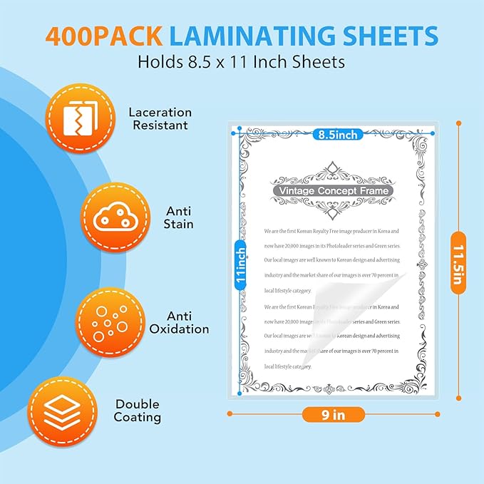 400 Pack Laminating Sheets, Holds 8.5 x 11 Inch Sheets, 3 mil, 9 x 11.5 Inches Thermal Laminating Pouches Lamination Sheet Paper for Laminator, Clear, Letter Size, Office and School Supplies-DeskLoop Office
